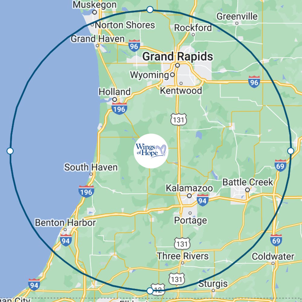 map of southwest Michigan with 50 mile radius of wings of hope defined by circle